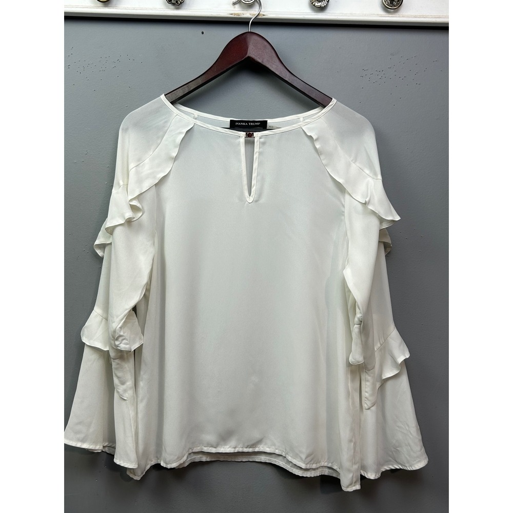 Ivanka Trump Blouse Women Medium Ivory White Tiered Ruffle Sleeve Keyhole Top